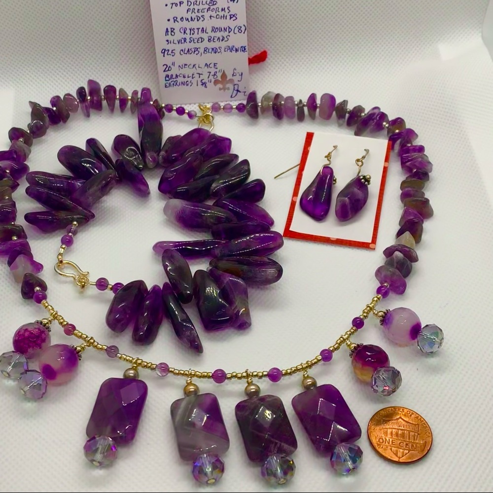 Handcrafted Amethyst Necklace Bracelet & Earring Set w/ 925 Clasps & Earwires